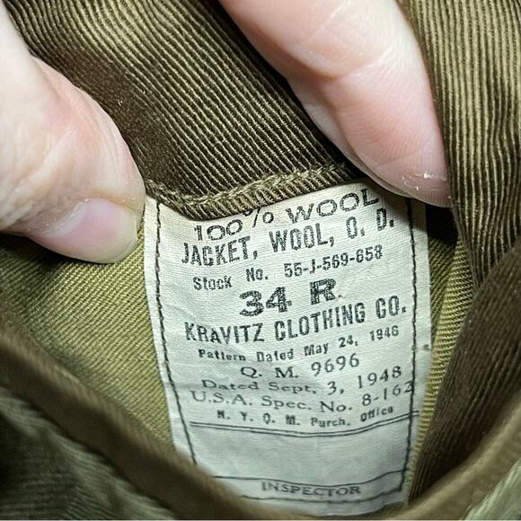VTG Kravitz Clothing U.S. Army Infantry 100% Wool OD Jacket Made 1948 Size 34R - Picture 15 of 16